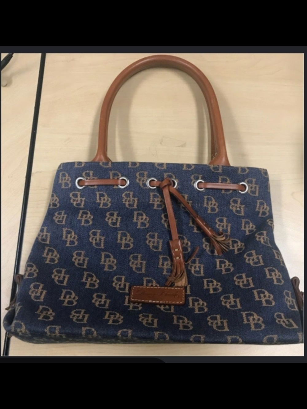 Dooney & Bourke Navy Logo Tote with Brown Leather Trim